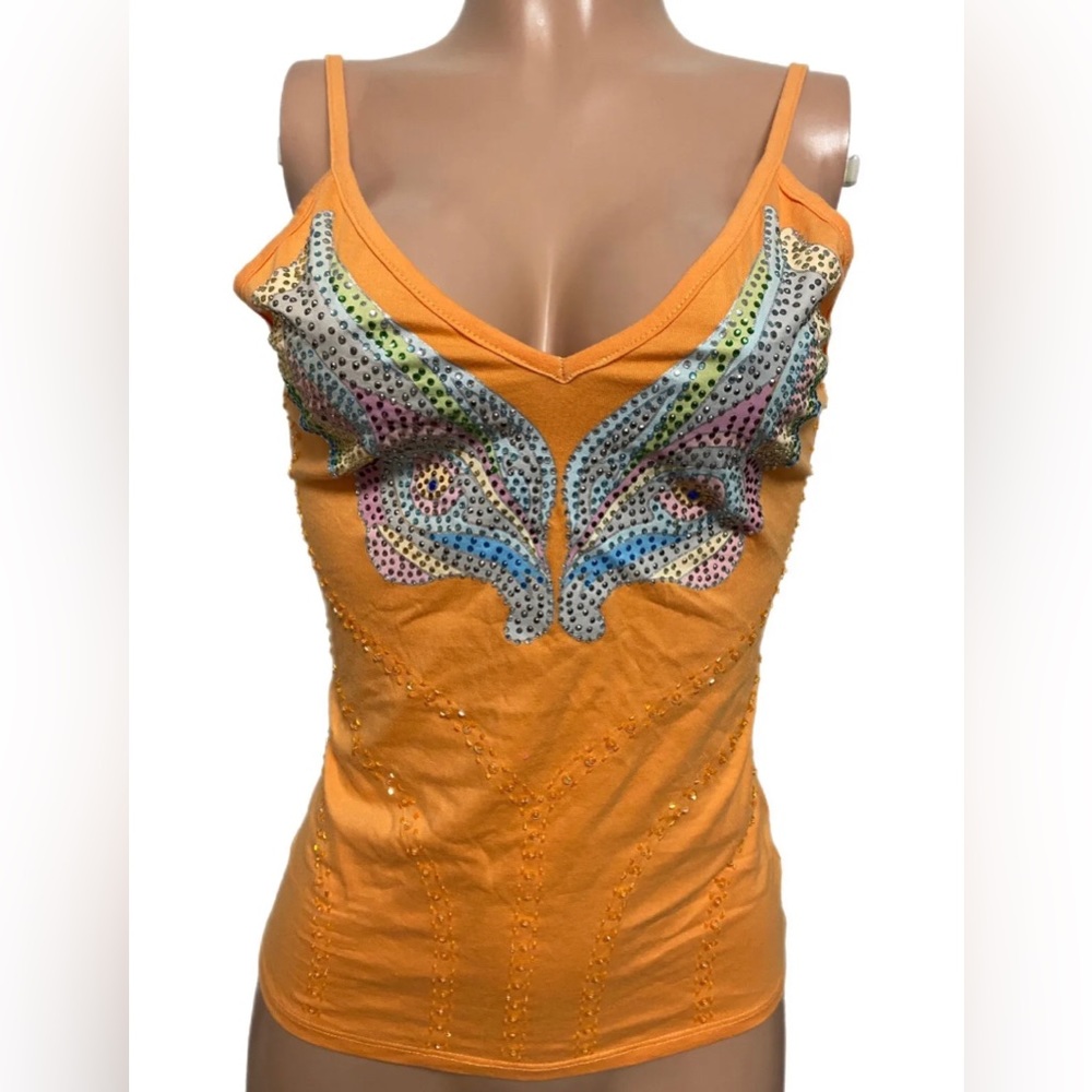 Y2K Orange Glam Embellished Butterfly tank top m-L